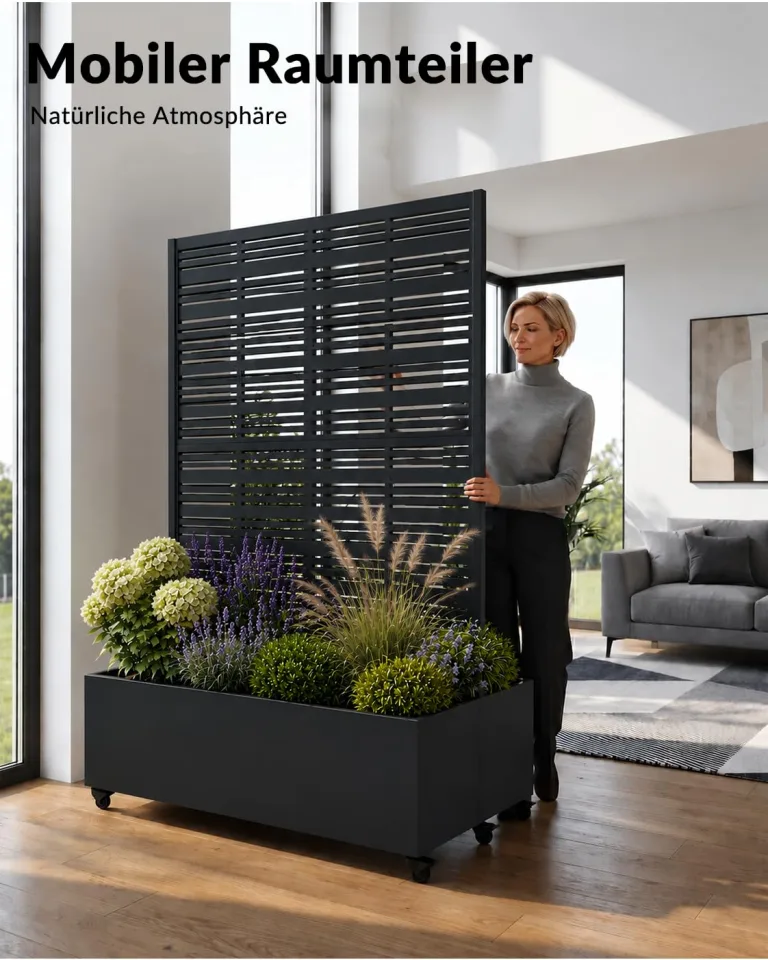 Hochbeet mit Sichtschutz, Metall Pflanzkasten mit Rankgitter und Rollen, freistehender Pflanzkübel 33cm tief, wetterfest für Blumen und Kletterpflanzen - Ideal für Garten, Balkon und Terrasse – Bild 4