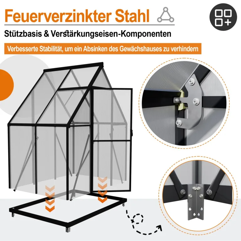 Aluminium Gewächshaus 6x4FT mit Fundament & Dachfenster, stabiles Tomatenhaus wetterfest & rostfrei, temperaturbeständiges Treibhaus für Gemüse & Pflanzen Frühbeet & Pflanzenhaus 125x180x195cm – Bild 3