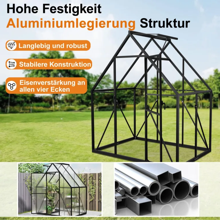Aluminium Gewächshaus 6x4FT mit Fundament & Dachfenster, stabiles Tomatenhaus wetterfest & rostfrei, temperaturbeständiges Treibhaus für Gemüse & Pflanzen Frühbeet & Pflanzenhaus 125x180x195cm – Bild 4