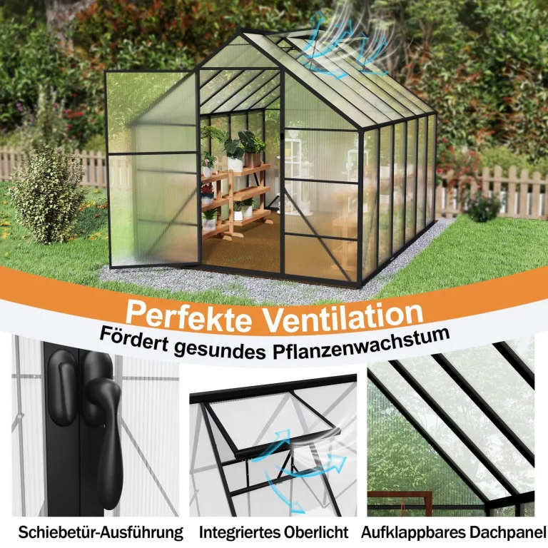 Aluminium Gewächshaus 8x10FT mit Fundamentrahmen & Dachfenster, extra stabiles Tomatenhaus wetterfest & rostfrei, großes Pflanzenhaus für Gemüse- und Pflanzenanzucht, Treibhaus 310x250x205cm – Bild 7