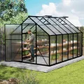 Aluminium Gewächshaus 8x10FT mit Fundamentrahmen & Dachfenster, extra stabiles Tomatenhaus wetterfest & rostfrei, großes Pflanzenhaus für Gemüse- und Pflanzenanzucht, Treibhaus 310x250x205cm - Thumbnail 9