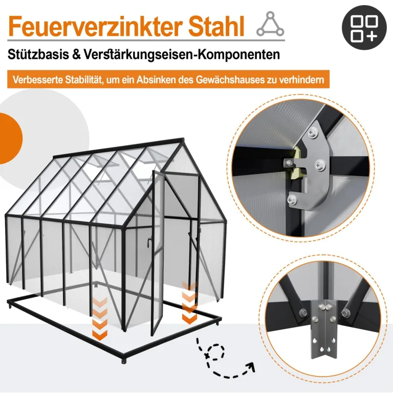 Aluminium Gewächshaus 6x10FT mit stabilem Fundament Dachfenster wetterfestes Tomatenhaus aus rostfreiem Aluminium optimal für Gemüseanzucht Pflanzenwachstum Gewächshaus Frühbeet 280x180x195cm – Bild 3