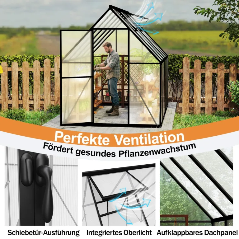 Aluminium Gewächshaus 6x10FT mit stabilem Fundament Dachfenster wetterfestes Tomatenhaus aus rostfreiem Aluminium optimal für Gemüseanzucht Pflanzenwachstum Gewächshaus Frühbeet 280x180x195cm – Bild 7