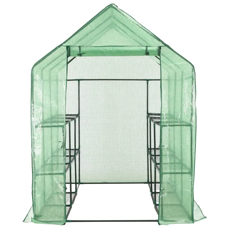 Begehbares Gewächshaus mit 12 Regalen, pulverbeschichtetem Stahlrahmen, 143 x 214 x 196 cm, grüne Rip-Stop-Folie, mit Reißverschlusstür für Garten, Balkon, Terrasse, Pflanzenhaus – Bild 2