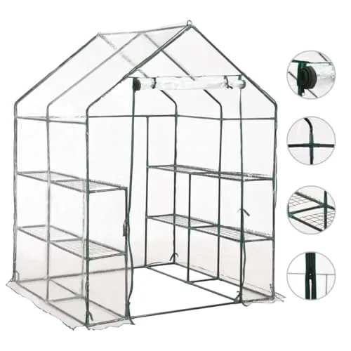 Gewächshaus mit 8 Regalen, 143 x 143 x 195 cm, pulverbeschichteter Stahlrahmen, PVC-Folie, wetterfestes Pflanzenhaus für Garten, Balkon, Terrasse, Schutz für Gemüse, Tomaten, Aussaat – Bild 9