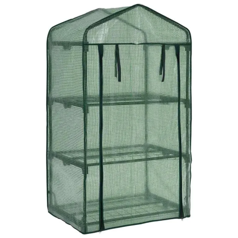 3-stufiges Mini-Gewächshaus aus pulverbeschichtetem Stahlrohr mit 3 Regalen 69 x 49 x 125 cm, grün, mit reißfester Polyethylenfolie, Rolltür mit Reißverschluss für Pflanzenhaus, Balkon – Bild 2