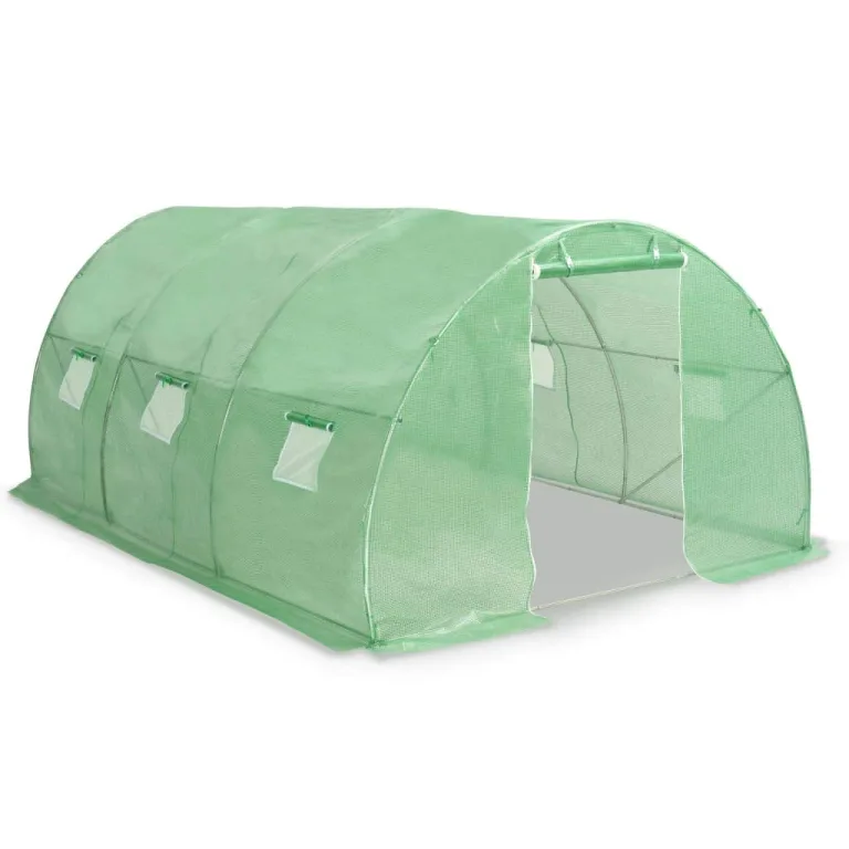 Gewächshaus 13,5m² mit 450x300x200 cm grünem PE-Netzgewebe und verzinktem Stahlrahmen, 6 Seitenfenster, 1 Tür, wetterfestes Pflanzenhaus für Tomaten, Gemüse, Balkon, Terrasse, Outdoor – Bild 2