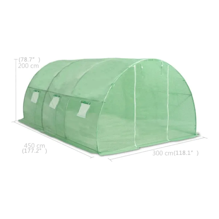 Gewächshaus 13,5m² mit 450x300x200 cm grünem PE-Netzgewebe und verzinktem Stahlrahmen, 6 Seitenfenster, 1 Tür, wetterfestes Pflanzenhaus für Tomaten, Gemüse, Balkon, Terrasse, Outdoor – Bild 9