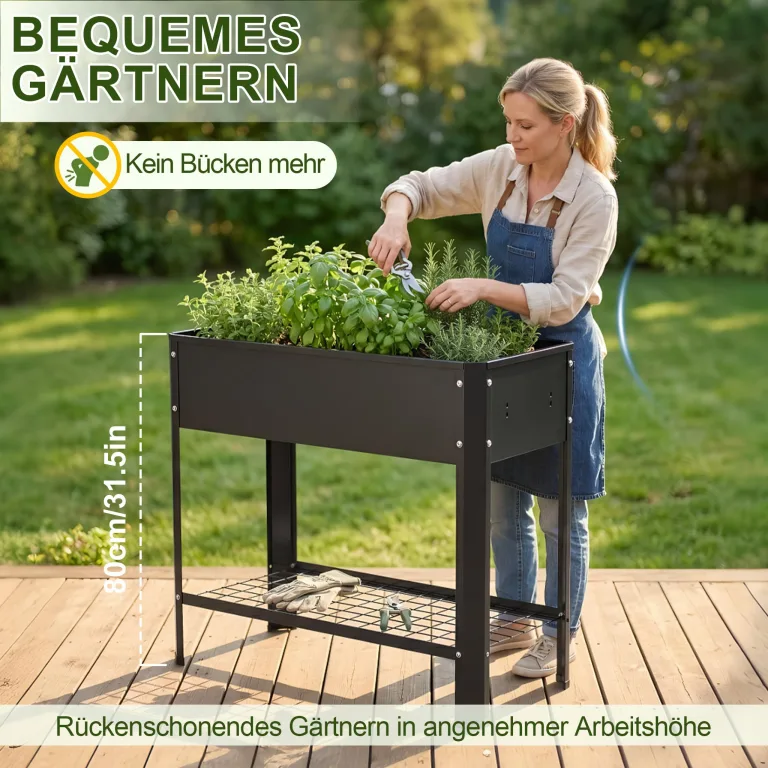 AufuN Hochbeet Metall 80x35x80cm Hochbeete Mit Ablagefläche, Galvanisiert Pflanzkasten Blumenbett, Frühbeet Bausatz Kräuterbeet, Platzsparend für Garten, Balkon, Terrasse (Schwarz) – Bild 3