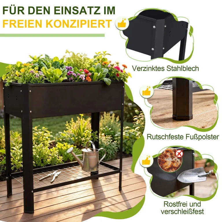 AufuN Hochbeet Metall 80x35x80cm Hochbeete Mit Ablagefläche, Galvanisiert Pflanzkasten Blumenbett, Frühbeet Bausatz Kräuterbeet, Platzsparend für Garten, Balkon, Terrasse (Schwarz) – Bild 4