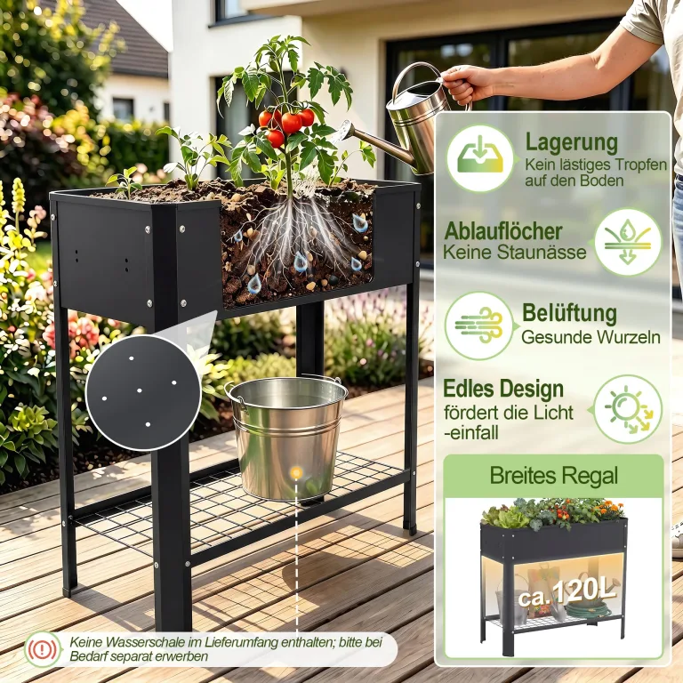 AufuN Hochbeet Metall 80x35x80cm Hochbeete Mit Ablagefläche, Galvanisiert Pflanzkasten Blumenbett, Frühbeet Bausatz Kräuterbeet, Platzsparend für Garten, Balkon, Terrasse (Schwarz) – Bild 5