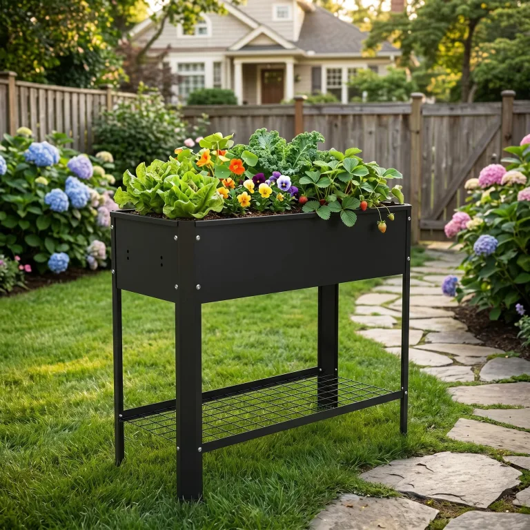 AufuN Hochbeet Metall 80x35x80cm Hochbeete Mit Ablagefläche, Galvanisiert Pflanzkasten Blumenbett, Frühbeet Bausatz Kräuterbeet, Platzsparend für Garten, Balkon, Terrasse (Schwarz) – Bild 8