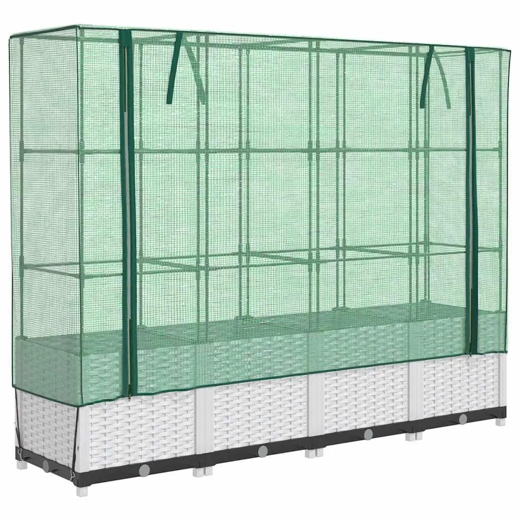 Hochbeet mit Gewächshausaufsatz Rattan-Optik 160x40x138 cm Weiß, Pflanzenkasten mit Foliengewächshaus für Garten, Balkon und Terrasse, Stabiles Tomatenhaus mit Eisenrahmen - Bild 1