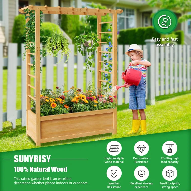 SUNYRISY Holz Hochbeet mit Rankgitter, Blumenkasten mit Rankhilfe, Garten Pflanzkübel mit Spalier, Garten Pflanzkasten Pflanzkübel mit oberem Rankgitter – Bild 3