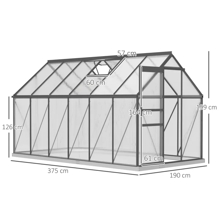 Outsunny Garten-Gewächshaus, 7 m², aus Polycarbonat-Aluminium, mit Fundament, 190 x 375 x 199 cm, Gewächshaus mit verstellbarem Fenster und Schiebetür, wetterfest, Dunkelgrau – Bild 7