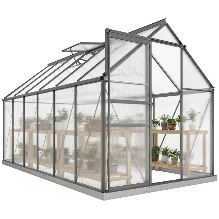 Outsunny Garten-Gewächshaus, 7 m², aus Polycarbonat-Aluminium, mit Fundament, 190 x 375 x 199 cm, Gewächshaus mit verstellbarem Fenster und Schiebetür, wetterfest, Dunkelgrau – Bild 1