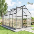 Outsunny Garten-Gewächshaus, 7 m², aus Polycarbonat-Aluminium, mit Fundament, 190 x 375 x 199 cm, Gewächshaus mit verstellbarem Fenster und Schiebetür, wetterfest, Dunkelgrau - Thumbnail 2
