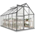Outsunny Garten-Gewächshaus, 7 m², aus Polycarbonat-Aluminium, mit Fundament, 190 x 375 x 199 cm, Gewächshaus mit verstellbarem Fenster und Schiebetür, wetterfest, Dunkelgrau - Thumbnail 1