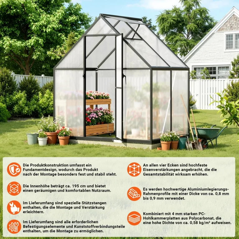 𝐉𝐚𝐱𝐠𝐮𝐨𝐦 Gewächshaus Aluminium 123 x 180 x 195 cm, 4 mm Polycarbonat-Hohlkammerplatten,mit Bodenrahmen & Dachfenster,Wetterbeständiges Tomatenhaus Treibhaus für Garten – Bild 5