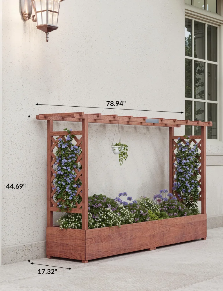 Holz Hochbeet mit Rankgitter & Dach, 200x 44 x 114 cm Pflanzkasten mit Seitengittern Und Drainagelöchern – Bild 2
