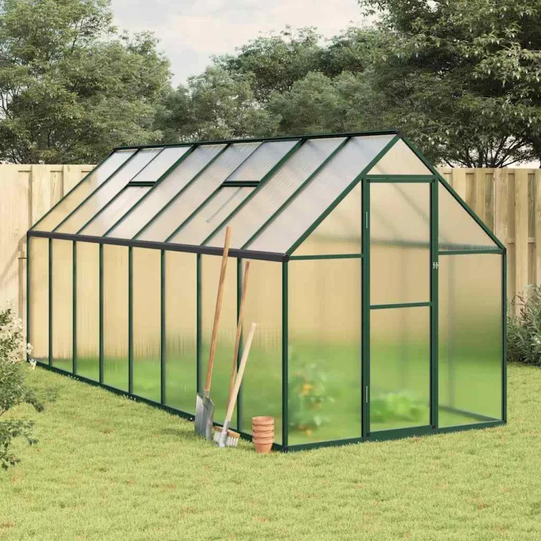 Garten-Gewächshaus, Aluminium, 224 x 169 x 202 cm, mit Polycarbonat-Paneelen, rostbeständigem Rahmen, verzinkter Stahlbasis, integrierter Regenrinne und verstellbarem Belüftungsfenster – Bild 10