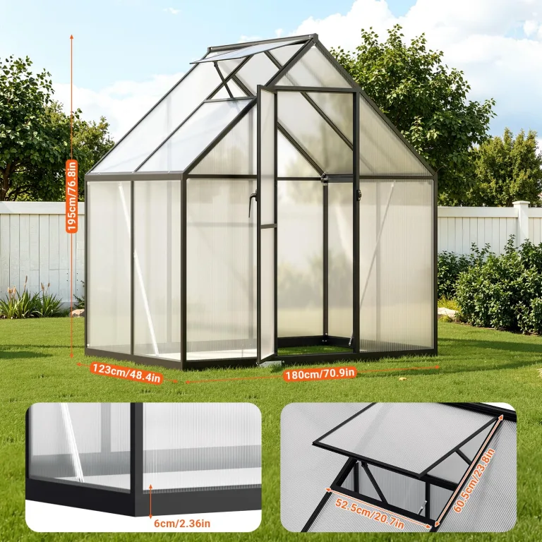 Gewächshaus Aluminium Schwarz 123×180×195cm PC-Hartplatten, Verstärkte Ecken & Innenkonstruktion, Hagel- & Winterfest für Garten Balkon Terrasse – Bild 3