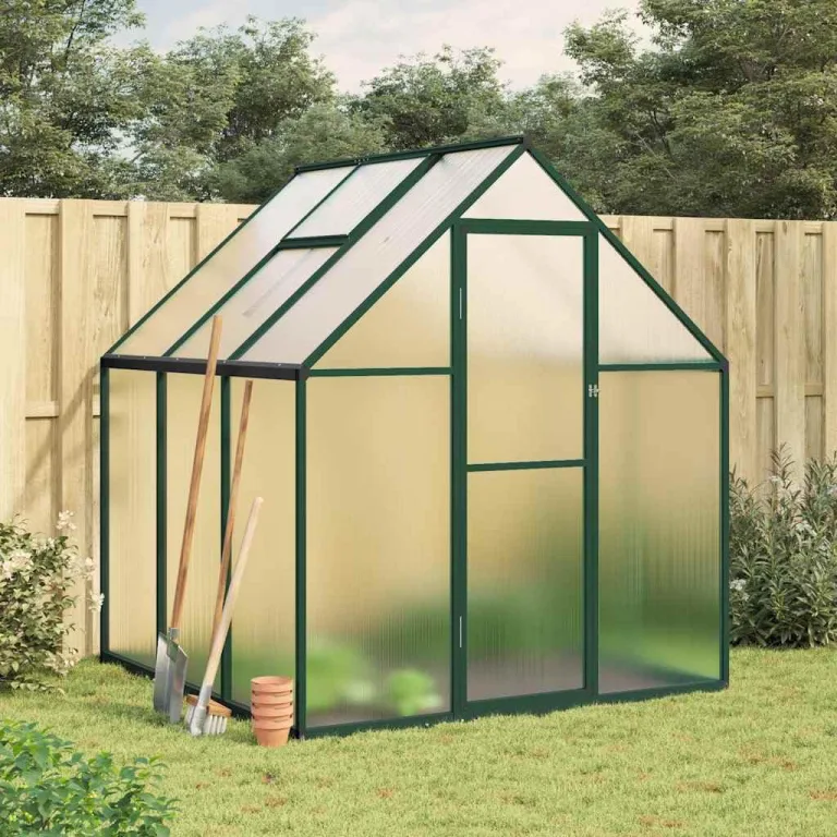 Aluminium Gewächshaus Silbern 169x169x202 cm mit Dachrinnensystem, Polycarbonatplatten, Fundamentrahmen aus verzinktem Stahl und verstellbarem Lüftungsfenster für Hobbygartenbau – Bild 10