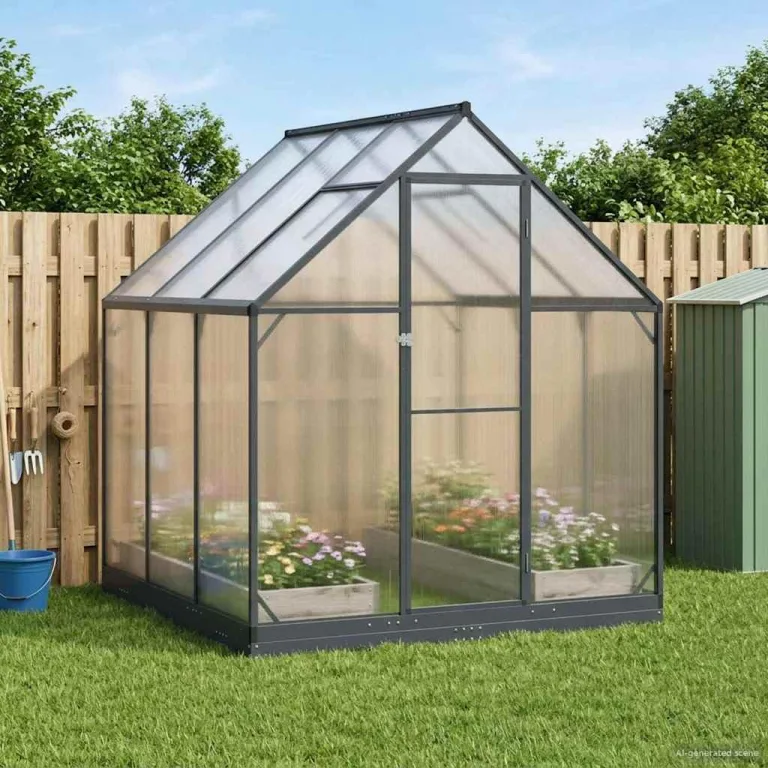 Aluminium Gewächshaus mit Tür Anthrazit 183,5 x 363,5 x 207 cm, wetterfestes Garten Gewächshaus im Tunnel-Design, verstellbare Höhe ohne Werkzeug, aus Aluminium und verzinktem – Bild 10
