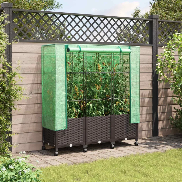 vidaXL Gartenplanter mit Gewächshausabdeckung und Rädern 3 STK. Braun, Garten- und Terrassenbox, modern, rechteckig mit mobilen Pflanzcontainer, höhenverstellbar, wasserfest – Bild 2