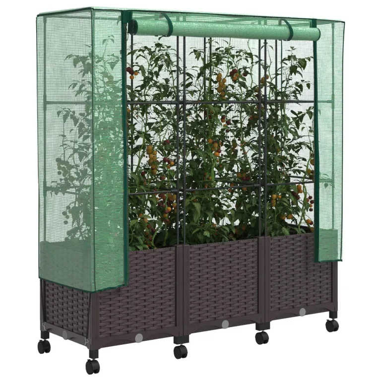 vidaXL Gartenplanter mit Gewächshausabdeckung und Rädern 3 STK. Braun, Garten- und Terrassenbox, modern, rechteckig mit mobilen Pflanzcontainer, höhenverstellbar, wasserfest – Bild 1