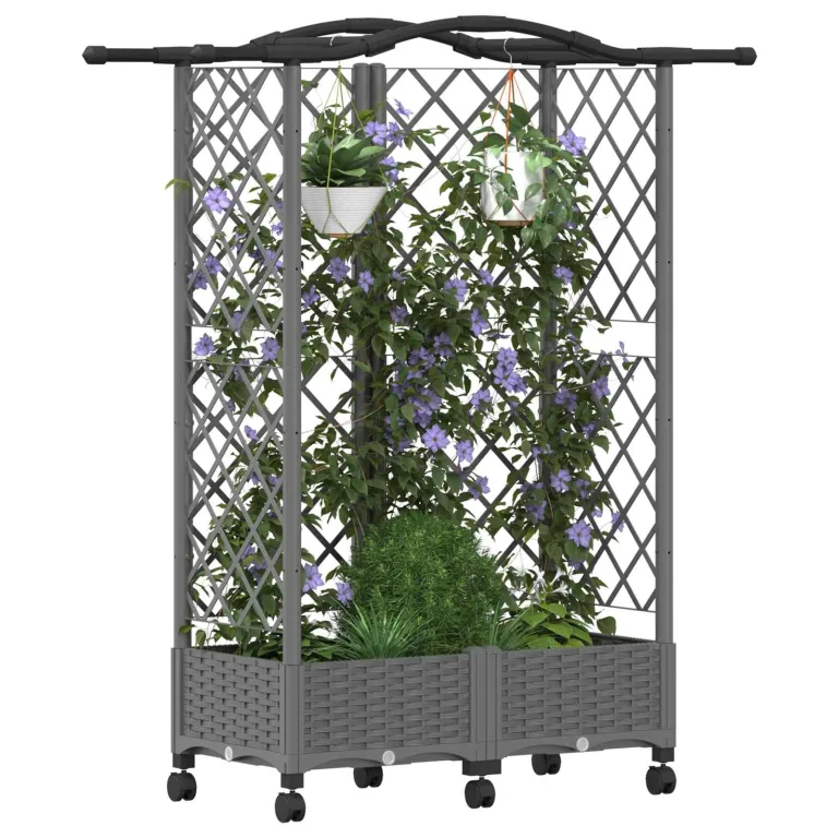vidaXL Hochbeet mit Rankgitter und Dach Hellgrau 124 x 40 x 129 cm PP, Garten & Terrasse, moderner Kräutertopf, Hochbeet mit Dach, mobil, Gemüse, Urbane Gartenideen – Bild 1