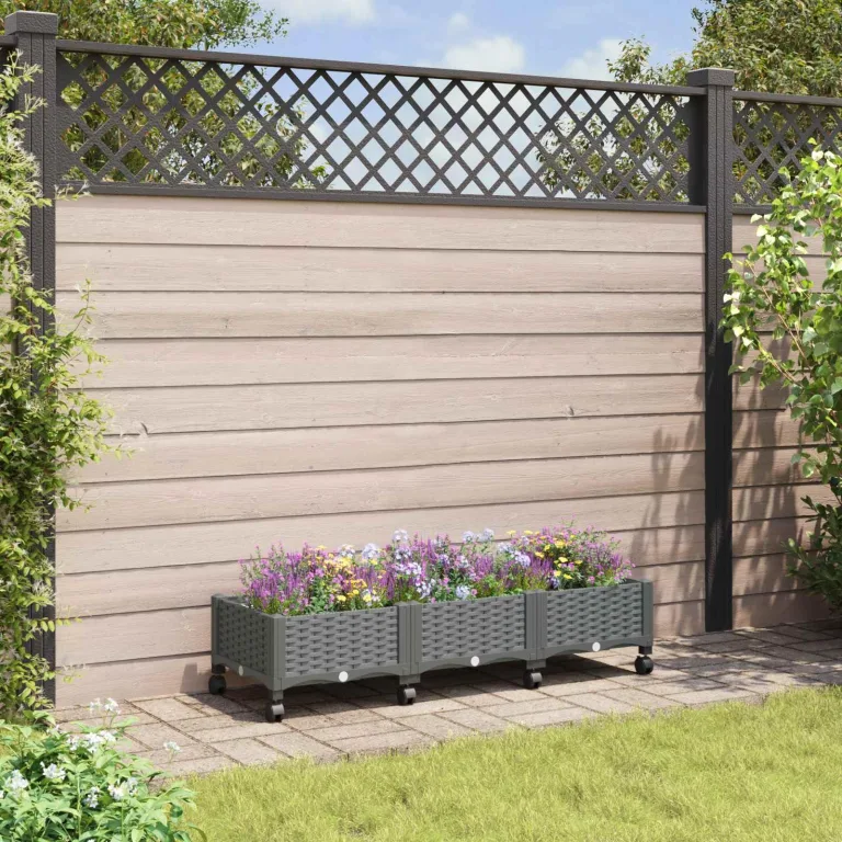 vidaXL Gartenpflanzer mit Rädern Hellgrau 120 x 40 x 33 cm PP, Moderner Garten- und Terrassenpflanzer, wetterfestes Gefäß für Balkon, Terrasse oder Gemüseanbau – Bild 2