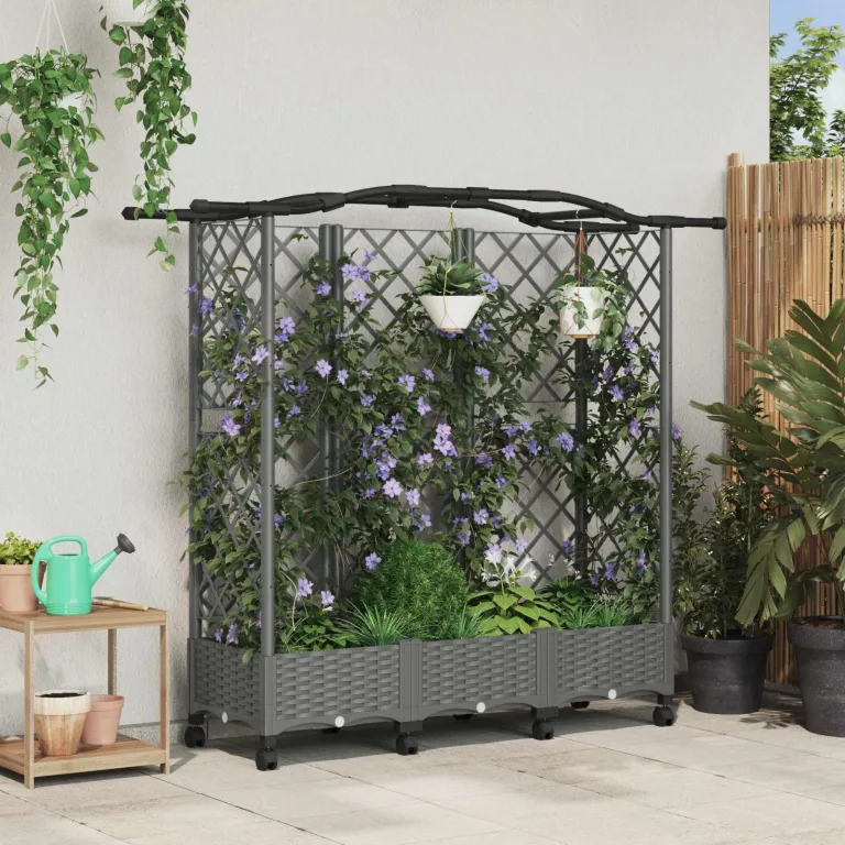 vidaXL Hochbeet mit Rankgitter und Dach Hellgrau 163 x 40 x 129 cm PP, Garten & Terrasse, moderner Kräutertopf, Hochbeet mit Dach, mobil, Gemüse, Urbane Gartenideen – Bild 2