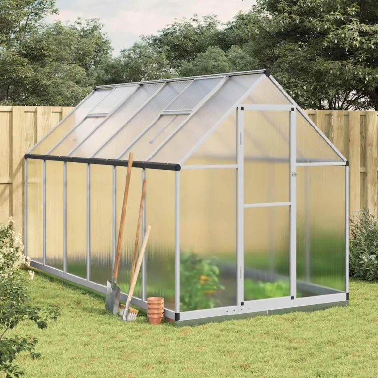 Aluminium Gewächshaus 334x169x202cm mit Fundamentrahmen, begehbares großes Polycarbonat Gewächshaus Silber – Bild 1