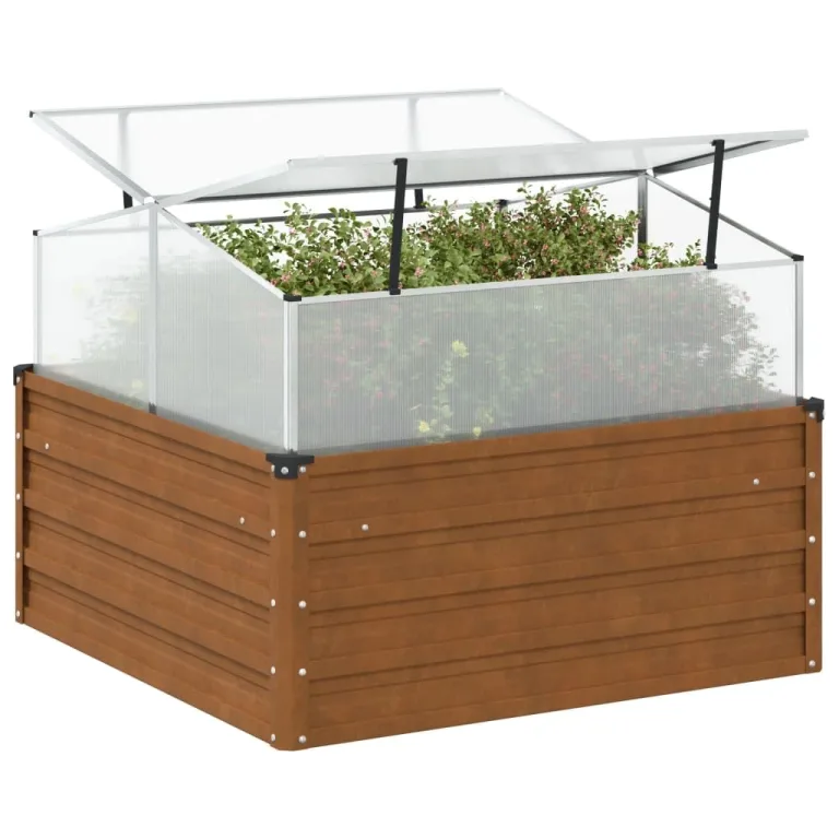Gewächshaus Braun aus verzinktem Stahl 100 x 100 x 85 cm mit PC-Board Dach abnehmbar, Pflanzgefäß für Balkon, Garten, Terrasse, frostbeständig und winterhart, ideal für Kräuter, Blumen – Bild 8