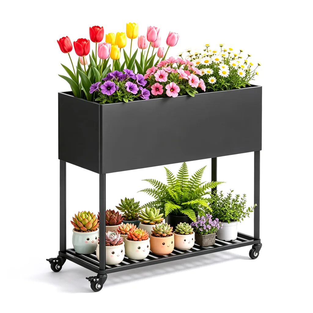 Metall Hochbeet mit Rädern und Ablage (97 * 38 * 92cm, Schwarz) | Drainage-Loch, Rostschutz-Beschichtung, Innen & outdoor,für Balkon, Terrasse & Garten