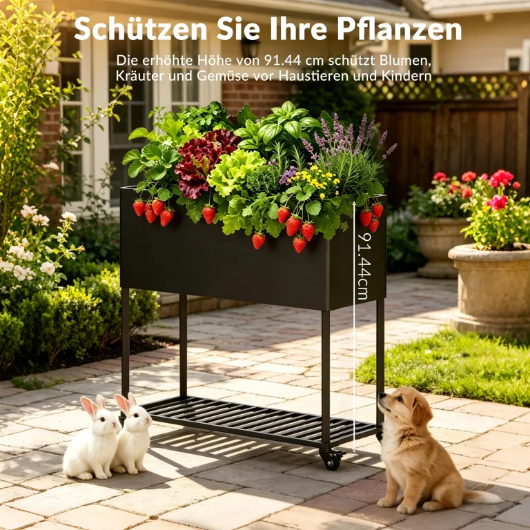 Metall Hochbeet mit Rädern und Ablage (97 * 38 * 92cm, Schwarz) | Drainage-Loch, Rostschutz-Beschichtung, Innen & outdoor，für Balkon, Terrasse & Garten – Bild 5