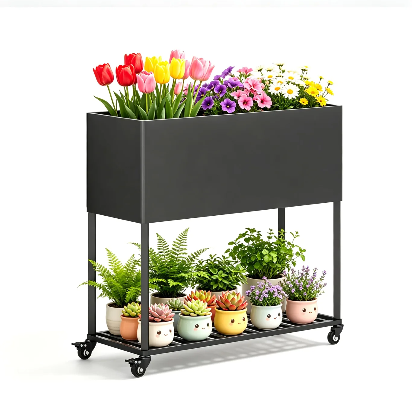 Metall Hochbeet 97 * 38 * 92 cm,Wetterfestes Pflanzkübel Außen mit Ablagefach, Für Gemüse Blumen Kräuter, Garten Balkon Terrasse,schwarz - Bild 1