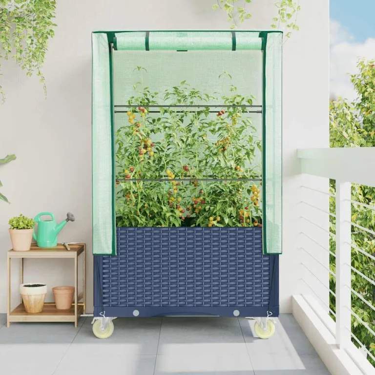 Tomatenhaus mit Reißverschluss und Rollen, Frühbeet mit wasserfester Abdeckung, Hochbeet mit Gewächshausaufsatz und Rädern für Pflanzen, Gemüse und Kräuter – Bild 3