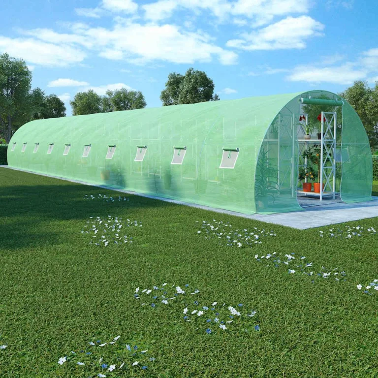 Gewächshaus 27m² mit 140g/m² PE-Netzgewebe, verzinktem Stahlrahmen, 900x300x200 cm, 12 Fenster, 1 Tür, für Pflanzenhaus, Gemüseanbau, Tomatenhaus, Frühbeet, Balkon, Garten, Outdoor – Bild 10