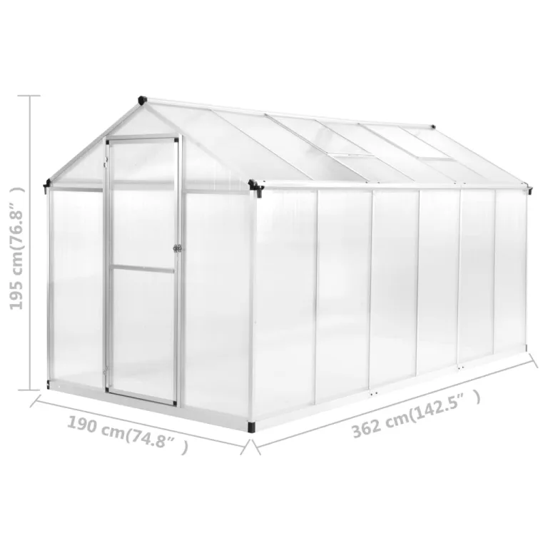 Gewächshaus Aluminium 362x190x195 cm mit Polycarbonat-Platten, 13,41 m³ Volumen, UV-beständig, wärmeisoliert, mit Belüftung und Fenster für Gemüseanbau, Tomatenhaus, Balkon, Garten, Outdoor – Bild 9