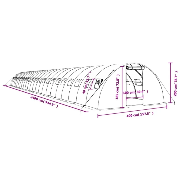 Gewächshaus mit Stahlrahmen und PE-Abdeckung Grün 96 m² 24x4x2 m mit Fenster, Belüftung, wetterfest für Gemüseanbau, Tomatenhaus, Pflanzenhaus, Frühbeet und Überwinterung im Garten – Bild 9