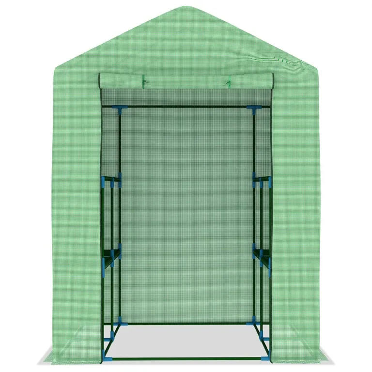 Gewächshaus mit Ablagen Stahl Grün 143x143x195 cm Garten Treibhaus mit Tür Regal Pflanzen Schutz Outdoor Beet Frühbeet Überwintern Gemüse Tomaten Frostschutz Wärme Klima – Bild 3