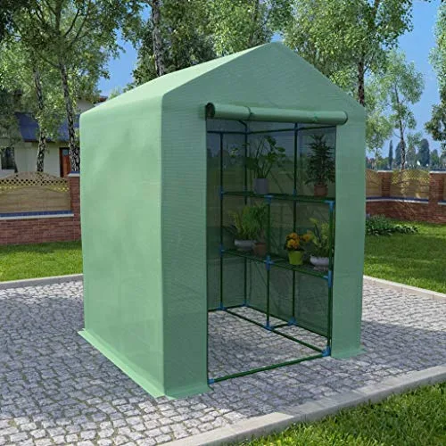 Gewächshaus mit Ablagen Stahl Grün 143x143x195 cm Garten Treibhaus mit Tür Regal Pflanzen Schutz Outdoor Beet Frühbeet Überwintern Gemüse Tomaten Frostschutz Wärme Klima – Bild 10