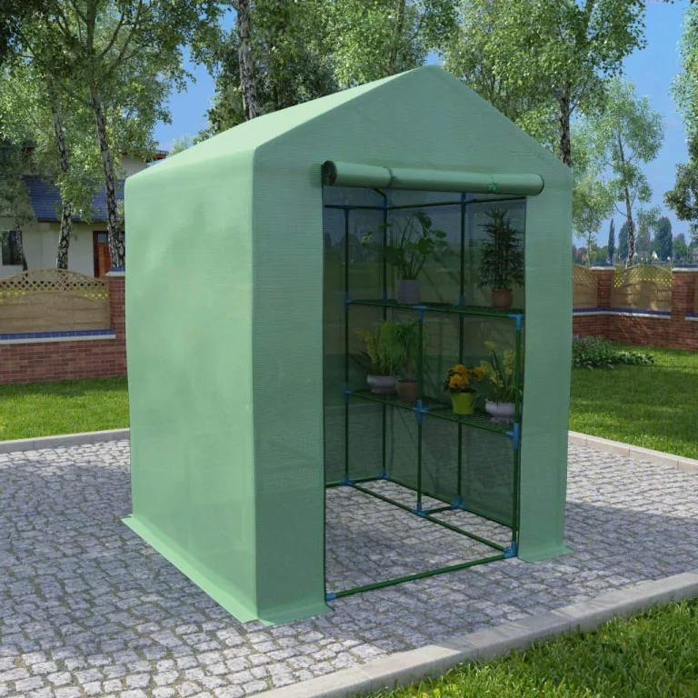 Gewächshaus mit Ablagen Stahl Grün 143x143x195 cm Garten Treibhaus mit Tür Regal Pflanzen Schutz Outdoor Beet Frühbeet Überwintern Gemüse Tomaten Frostschutz Wärme Klima – Bild 1