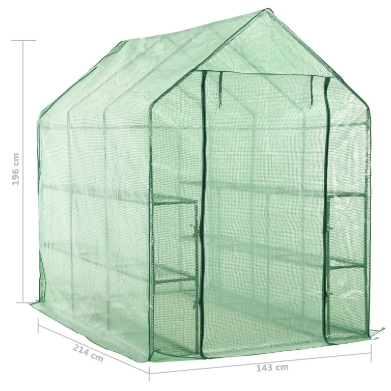 Begehbares Gewächshaus mit 12 Regalen Stahlrahmen 143 x 214 x 196 cm grüne, reißfeste PE-Folie mit Reißverschlusstür für Pflanzen, Garten, Anzucht, frostgeschützt, wetterfest, Outdoor – Bild 6