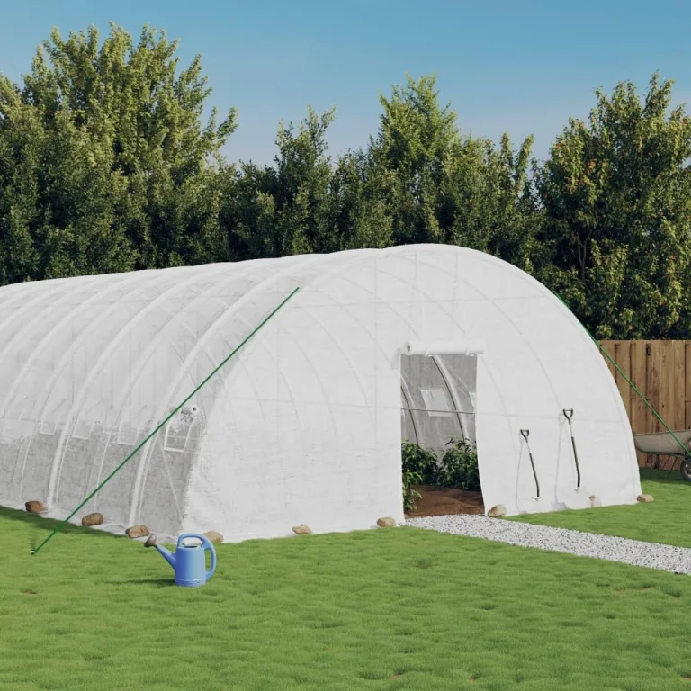 Gewächshaus mit Stahlrahmen Weiß 60 m² 10x6x2,85 m, witterungsbeständiges Treibhaus mit PE-Folie Schutz für Pflanzen, Gemüse, Tomaten im Garten, mit aufrollbaren Fenstern und Tür – Bild 1