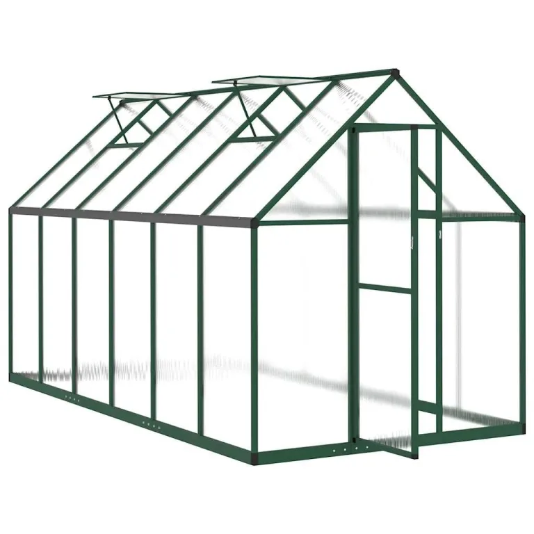 Gewächshaus mit Fundamentrahmen Grün 334x169x195 cm Aluminium Polycarbonat Treibhaus Gartenhaus mit Lüftungsfenster und Flügeltür zur Pflanzenanzucht und Frostschutz im Outdoor Beet – Bild 5
