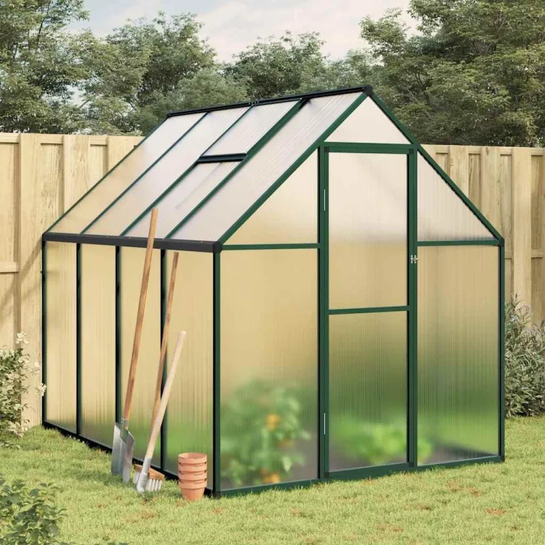 Gewächshaus mit Fundamentrahmen grün 224x169x195 cm Aluminium Rahmen Polycarbonatplatten UV-beständig mit Lüftungsfenster und Tür für Garten Gemüse Frühbeet Frostschutz und – Bild 1