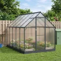 Garten Gewächshaus aus Aluminium und verzinktem Stahl Anthrazit mit Tür 183,5 x 243,5 x 207 cm wetterfest für Pflanzenhaus, Tomatenhaus, Gemüseanbau im Outdoor Garten, Balkon oder Terrasse - Thumbnail 10